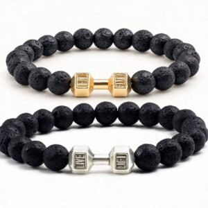 Pulsera de piedra volcánica con dije de mancuerna