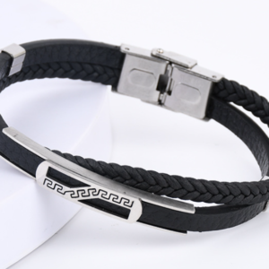Pulsera de Simil Cuero Negro y Acero Inoxidable con Detalle Griego
