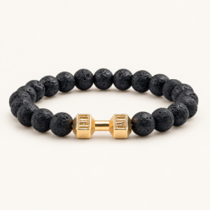 Pulsera de piedra volcánica con dije de mancuerna