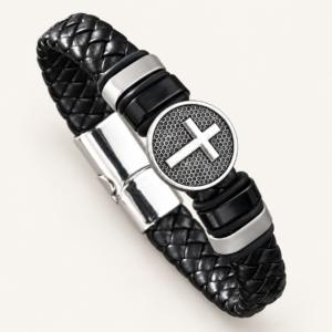 Pulsera con cruz para hombre de símil cuero trenzado