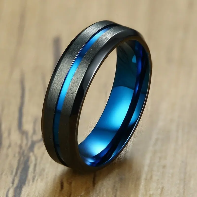 Anillo negro con línea azul para hombre
