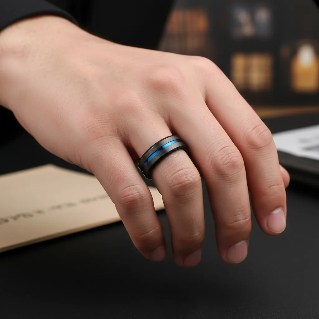 Anillo negro y azul de acero quirúrgico