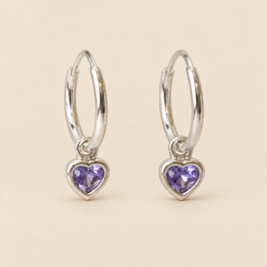Caravanas de aro con corazón lila en plata 925