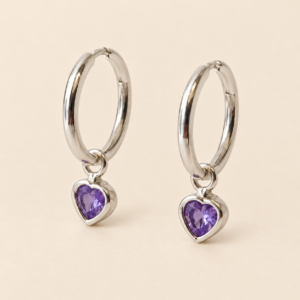 Caravanas de aro con corazón violeta en plata 925