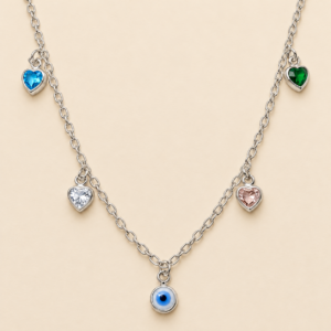 Collar de corazones y ojo turco en plata 925