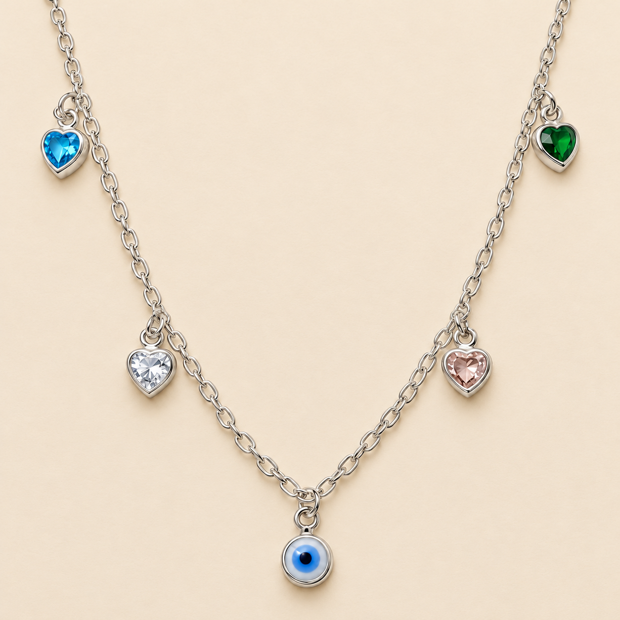 Collar de corazones y ojo turco en plata 925