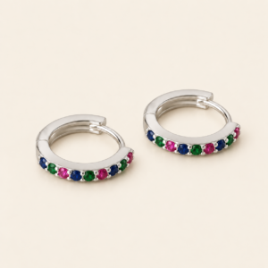 Aritos huggies de plata 925 con piedras de colores