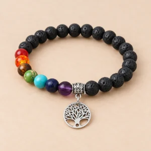 Pulsera de cuentas negras con árbol de la vida
