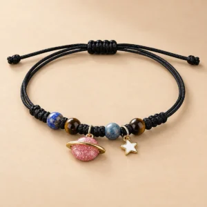 Pulsera negra ajustable con planetas y estrella