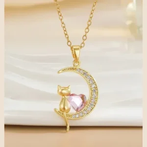 Collar Luna con Gato y Corazón Rosa Dorado