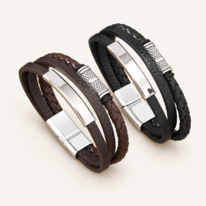 Pulsera para hombre de símil cuero con apliques plateados