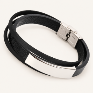 Pulsera negra y plateada para hombre de símil cuero