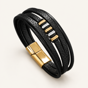 Pulsera negra y dorada para hombre de símil cuero