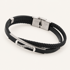 Pulsera para hombre de símil cuero negro y acero inoxidable