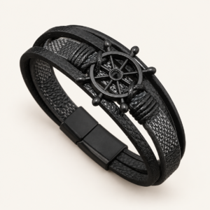 Pulsera negra para hombre de símil cuero con timón
