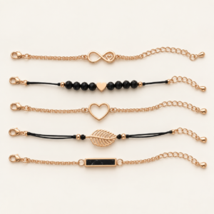 Set de 5 pulseras doradas y negras
