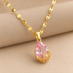 Collar dorado con dije de gota rosa